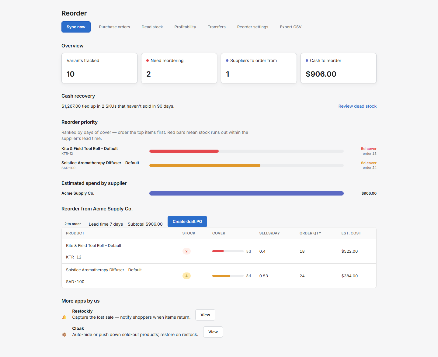 Reorderly dashboard with reorder points and dead-stock recovery