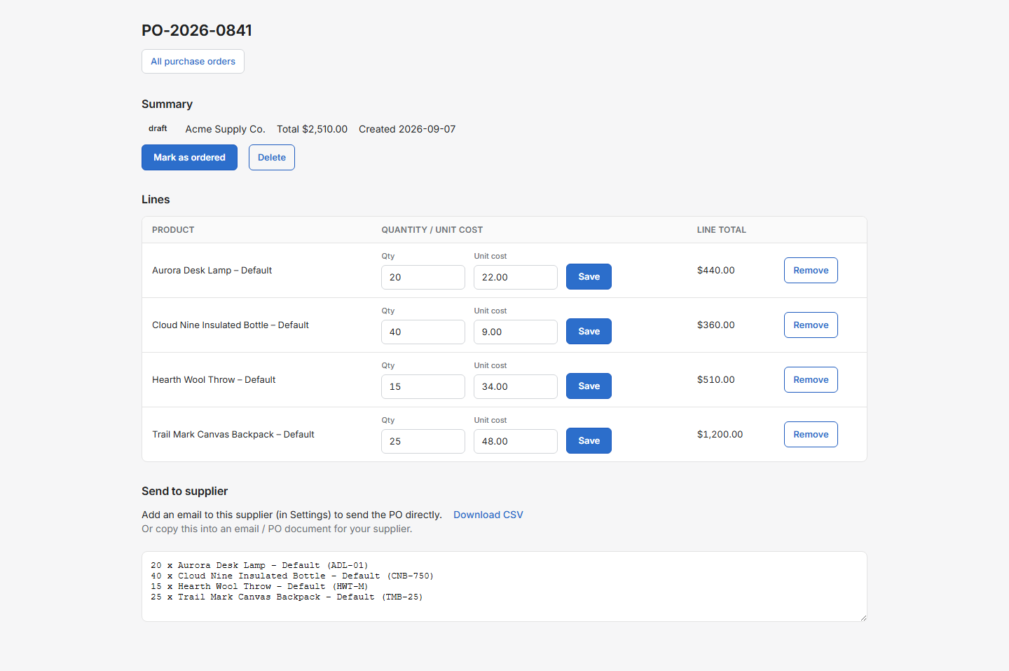 Draft purchase order with line items and totals from reorder suggestions