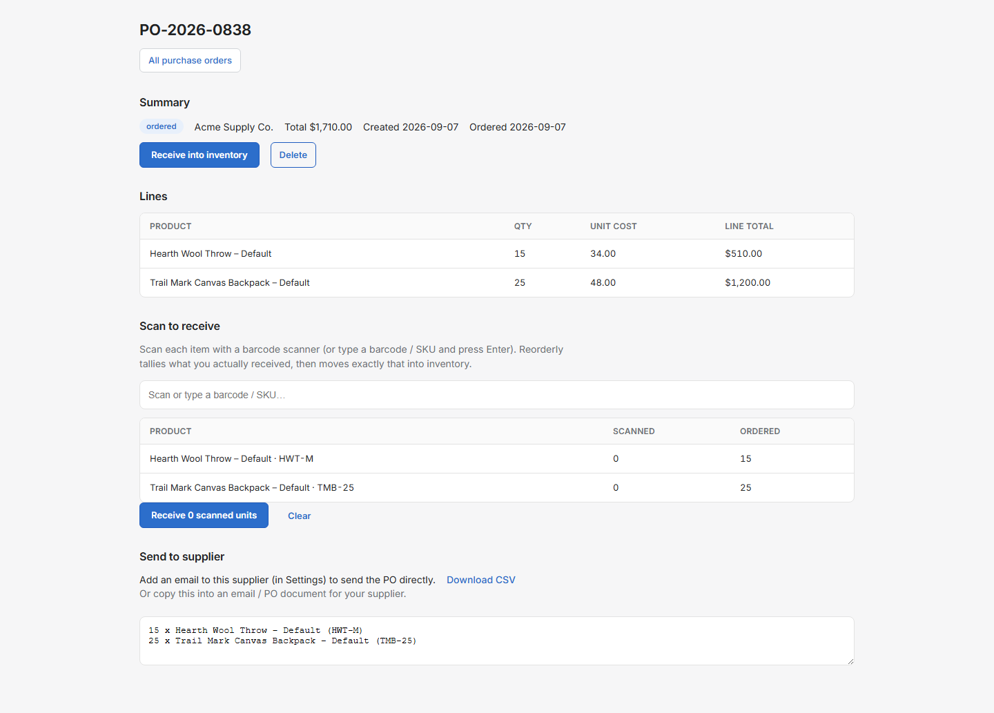 Scan-to-receive: scan barcodes to receive a purchase order into inventory