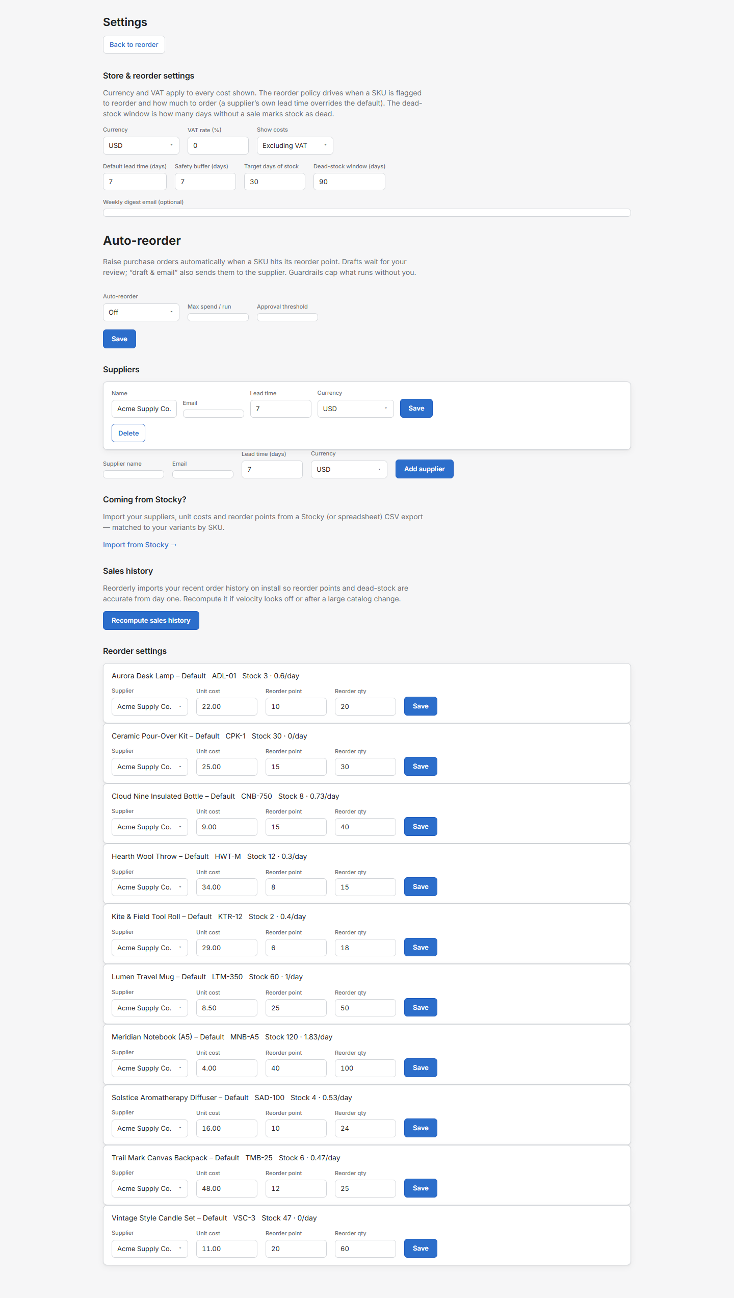 Reorder policy, suppliers, and auto-reorder settings